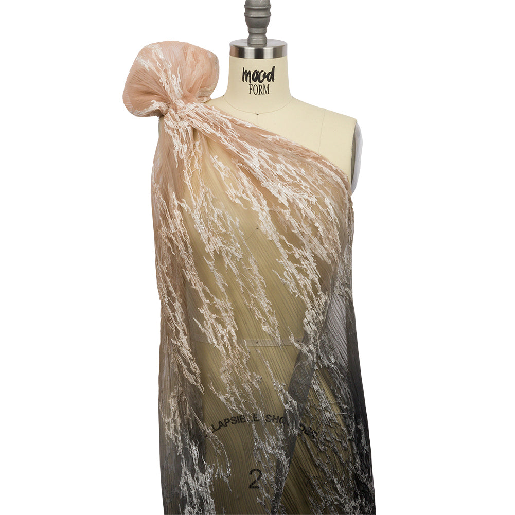Sequoia Black and Taupe Ombre Abstract Embroidered and Sequined Soft Pleated Tulle - Detail Sequoia Black and Taupe Ombre Abstract Embroidered and Sequined Soft Pleated Tulle - Detail
