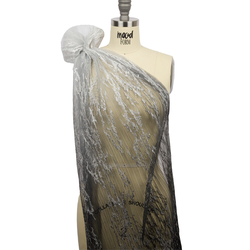 Sequoia Black, Gray and White Ombre Abstract Embroidered and Sequined Soft Pleated Tulle - Detail Sequoia Black, Gray and White Ombre Abstract Embroidered and Sequined Soft Pleated Tulle - Detail