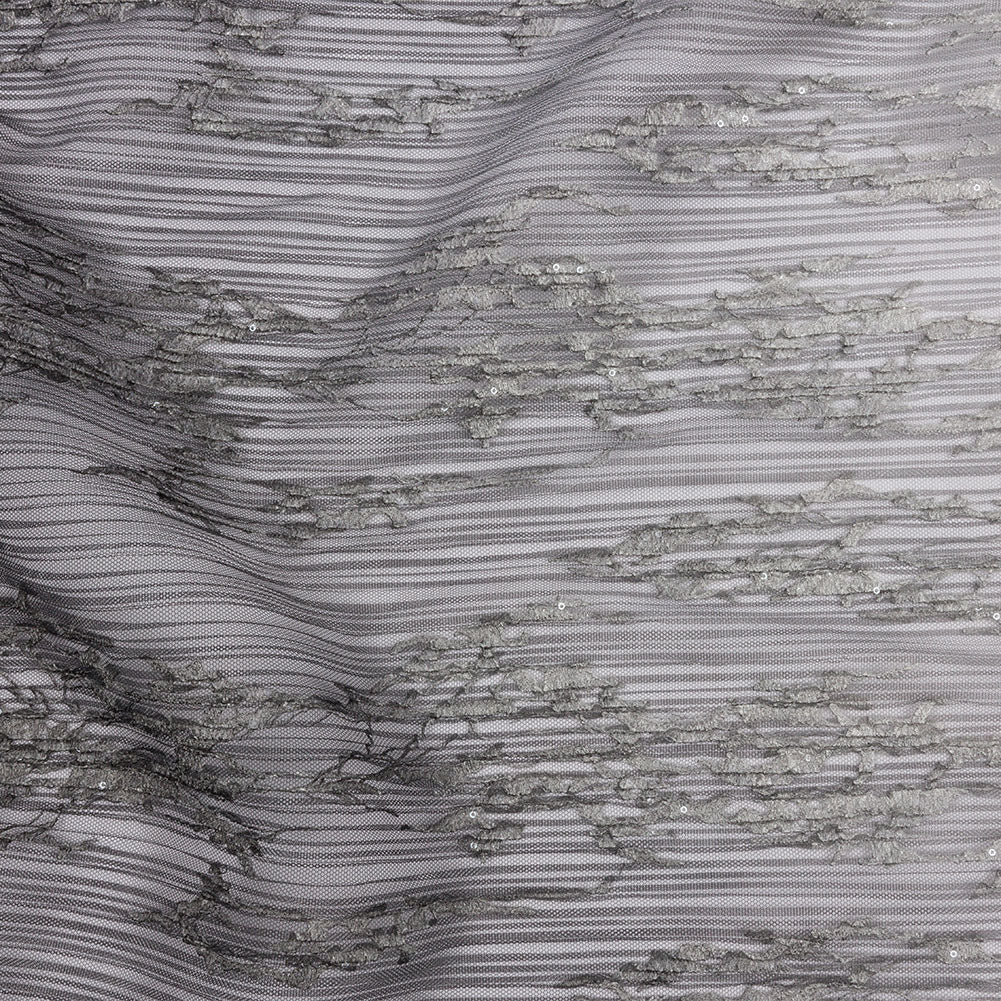 Sequoia Black, Gray and White Ombre Abstract Embroidered and Sequined Soft Pleated Tulle Sequoia Black, Gray and White Ombre Abstract Embroidered and Sequined Soft Pleated Tulle