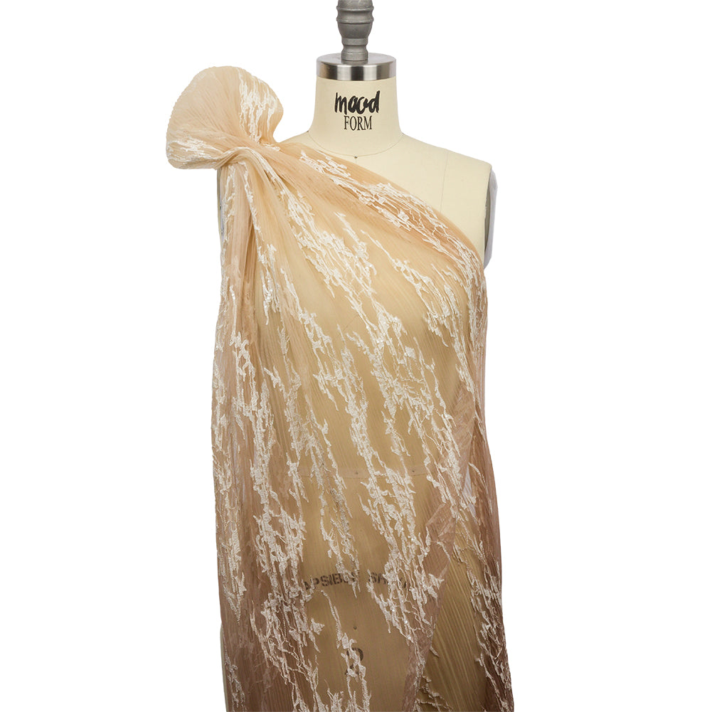 Sequoia Beige, Brown and White Ombre Abstract Embroidered and Sequined Soft Pleated Tulle - Detail Sequoia Beige, Brown and White Ombre Abstract Embroidered and Sequined Soft Pleated Tulle - Detail