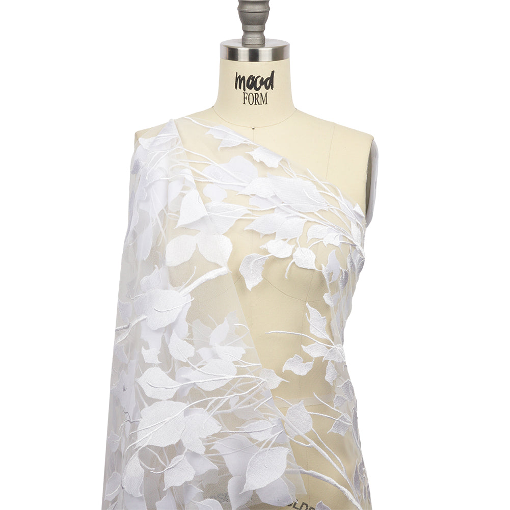 Magnolia White Leafy Branches Embroidered Tulle Lace - Detail Magnolia White Leafy Branches Embroidered Tulle Lace - Detail