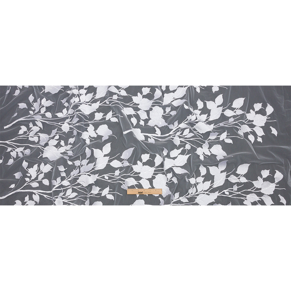 Magnolia White Leafy Branches Embroidered Tulle Lace - Drape Magnolia White Leafy Branches Embroidered Tulle Lace - Drape