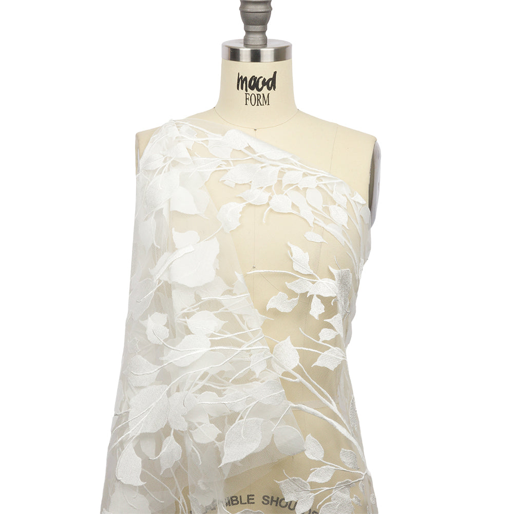 Embroidered Tulle Lace - Off White Leafy Branches - Magnolia Collection Detail Embroidered Tulle Lace - Off White Leafy Branches - Magnolia Collection Detail