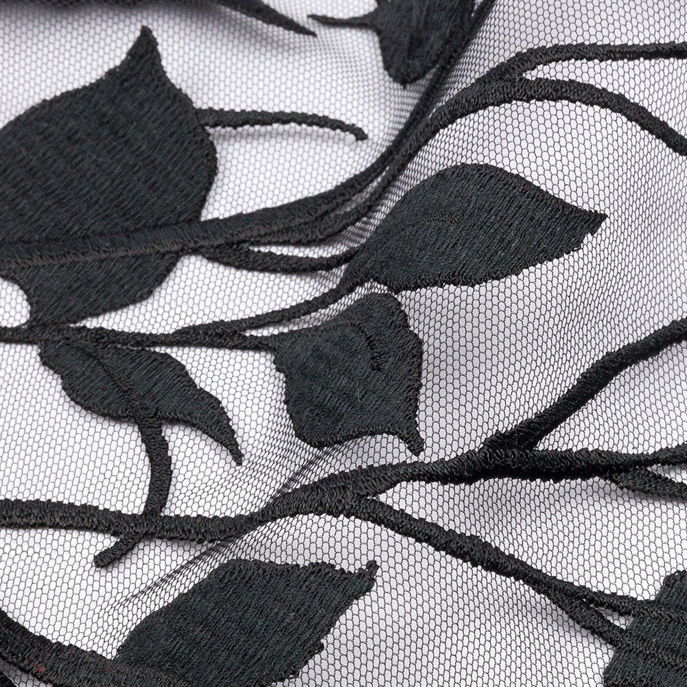 Embroidered Tulle Lace - Black Leafy Branches - Magnolia Collection Folded Embroidered Tulle Lace - Black Leafy Branches - Magnolia Collection Folded