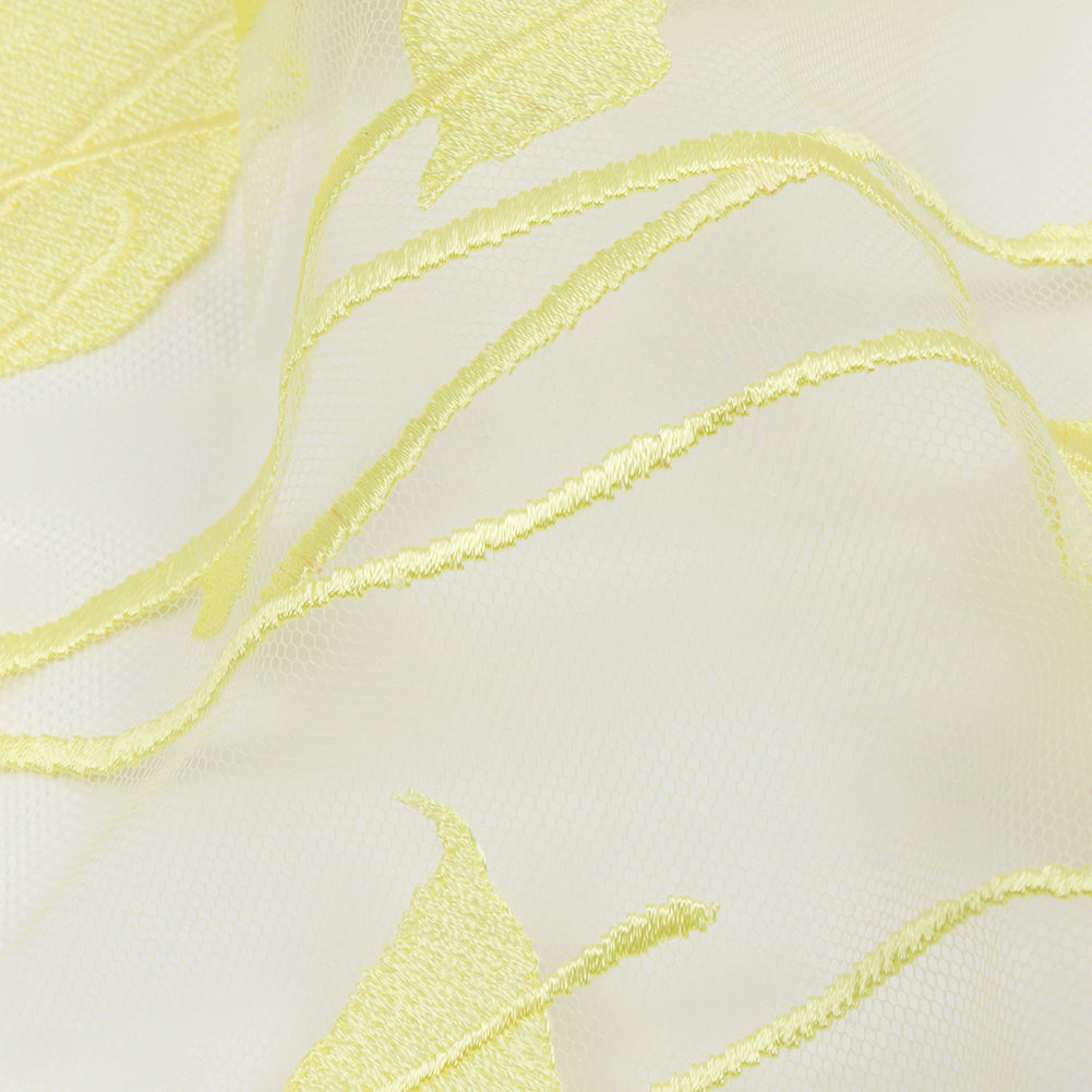 Magnolia Lemon Leafy Branches Embroidered Tulle Lace - Folded Magnolia Lemon Leafy Branches Embroidered Tulle Lace - Folded