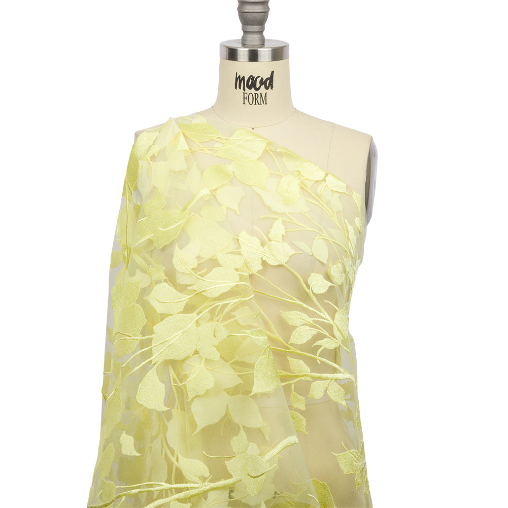 Magnolia Lemon Leafy Branches Embroidered Tulle Lace - Detail Magnolia Lemon Leafy Branches Embroidered Tulle Lace - Detail
