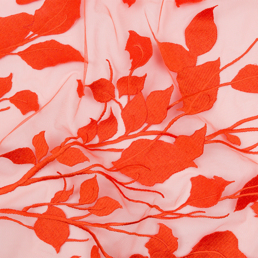 Magnolia Orange Leafy Branches Embroidered Tulle Lace Magnolia Orange Leafy Branches Embroidered Tulle Lace