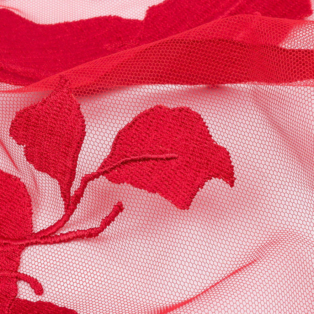 Magnolia Red Leafy Branches Embroidered Tulle Lace - Folded Magnolia Red Leafy Branches Embroidered Tulle Lace - Folded