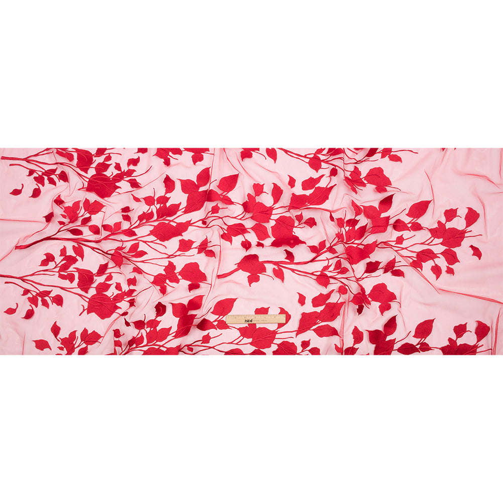 Magnolia Red Leafy Branches Embroidered Tulle Lace - Drape Magnolia Red Leafy Branches Embroidered Tulle Lace - Drape