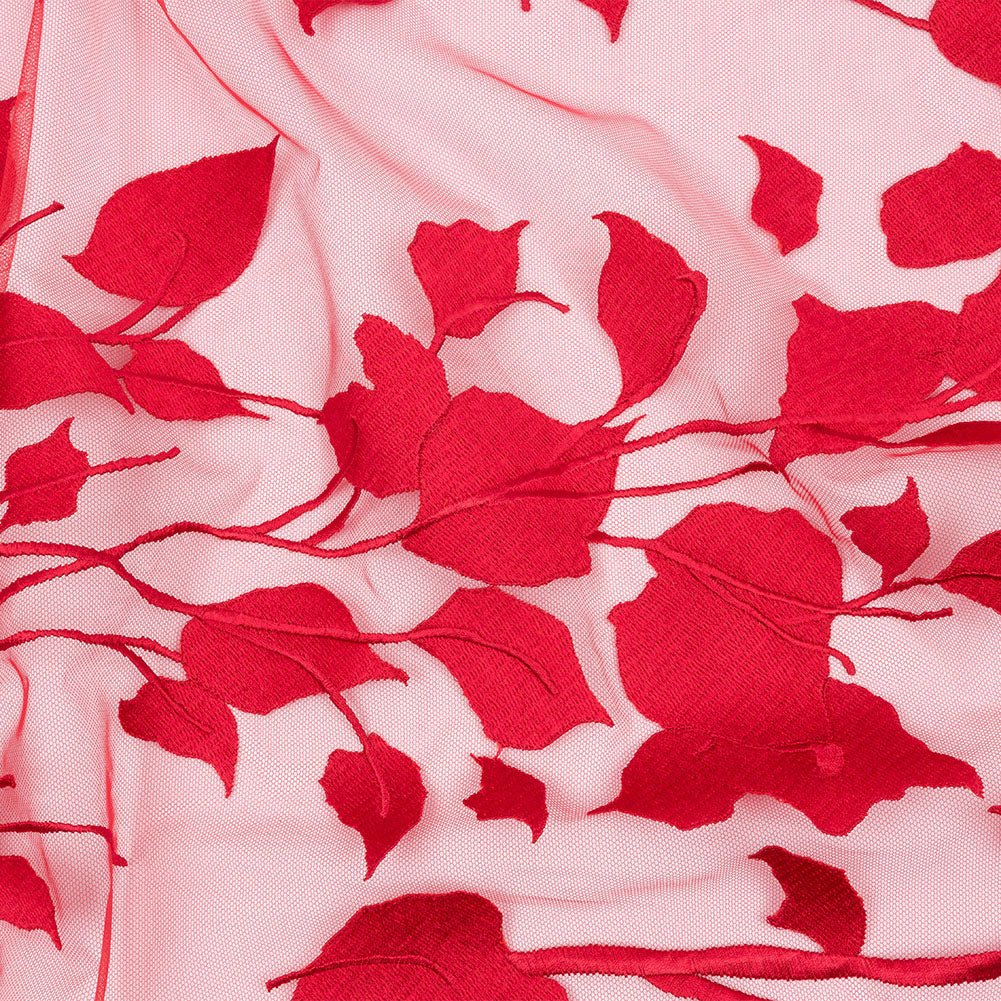 Magnolia Red Leafy Branches Embroidered Tulle Lace Magnolia Red Leafy Branches Embroidered Tulle Lace