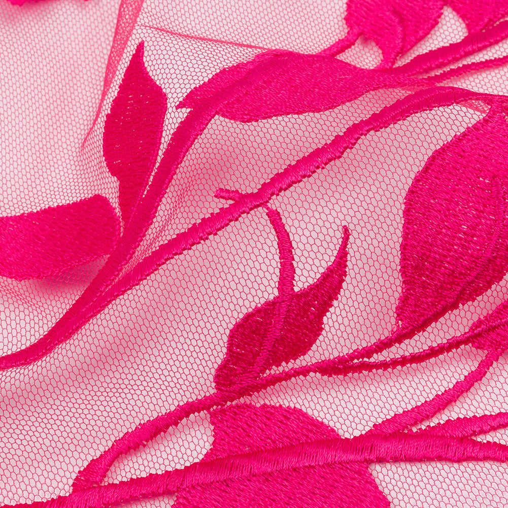 Embroidered Tulle Lace - Fuchsia Leafy Branches - Magnolia Collection Folded Embroidered Tulle Lace - Fuchsia Leafy Branches - Magnolia Collection Folded