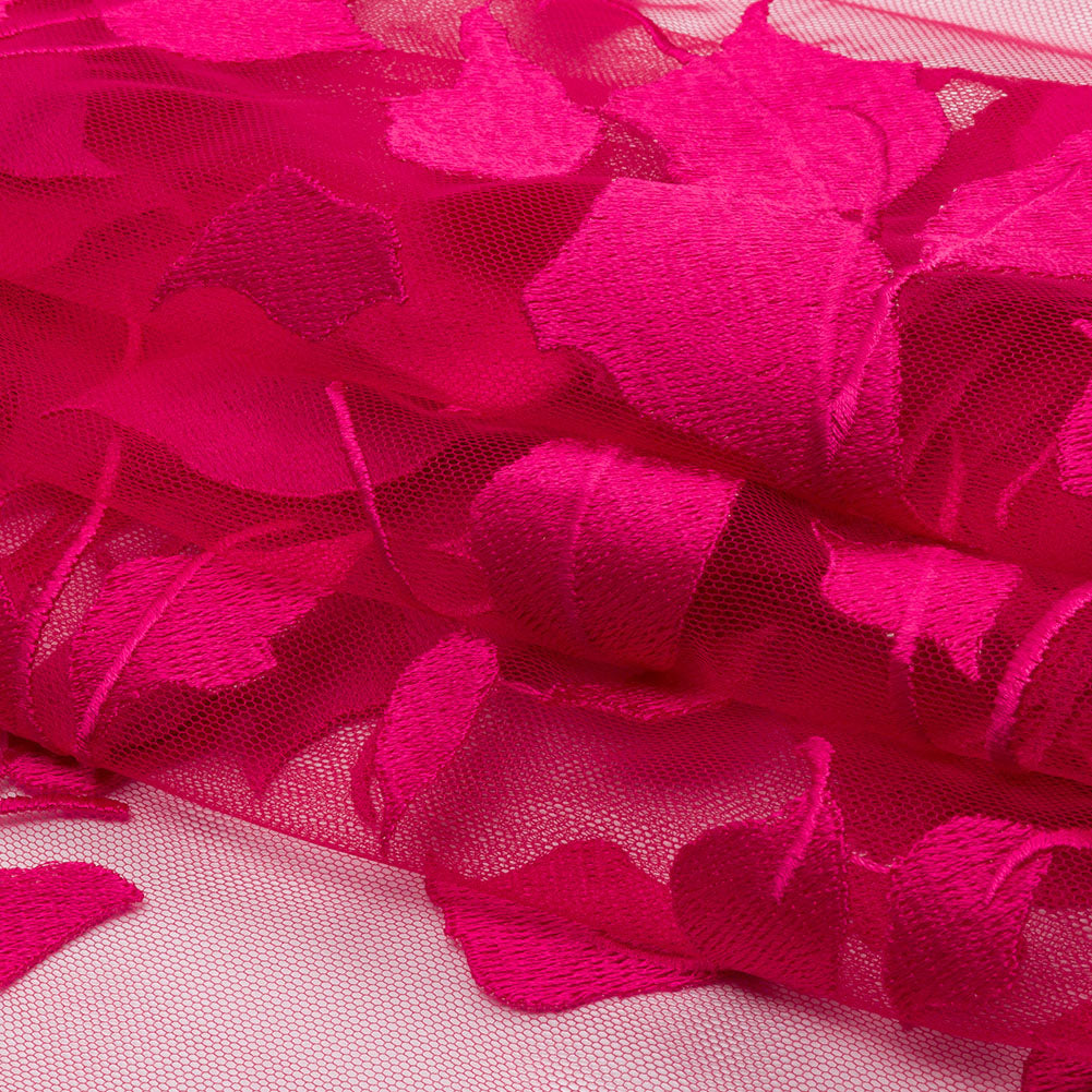 Embroidered Tulle Lace - Fuchsia Leafy Branches - Magnolia Collection Full Embroidered Tulle Lace - Fuchsia Leafy Branches - Magnolia Collection Full
