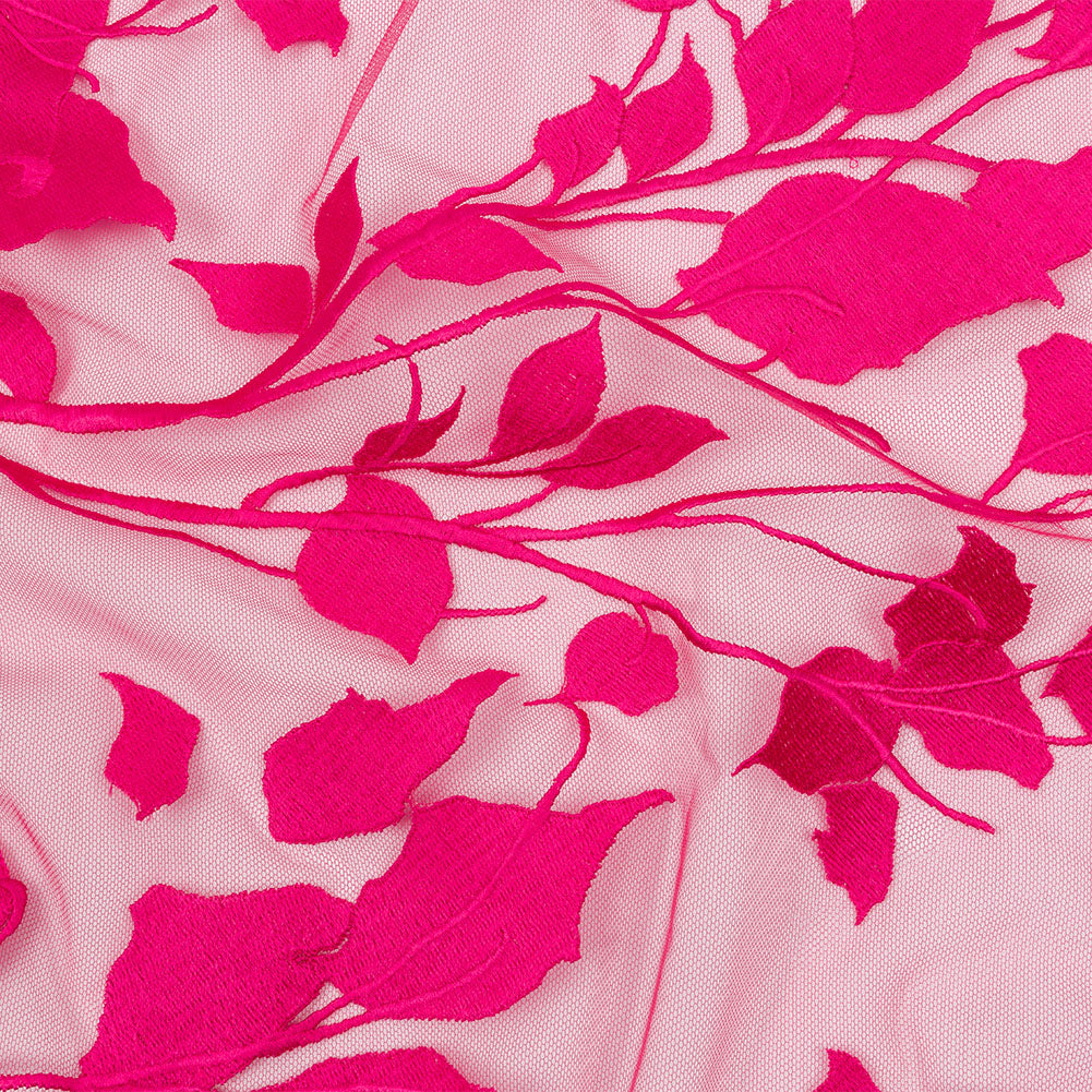 Embroidered Tulle Lace - Fuchsia Leafy Branches - Magnolia Collection Embroidered Tulle Lace - Fuchsia Leafy Branches - Magnolia Collection