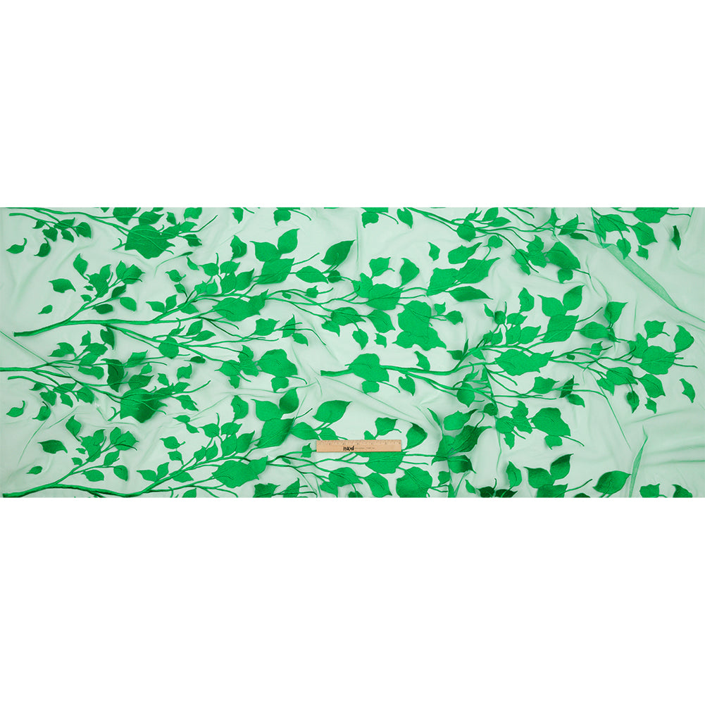 Magnolia Green Leafy Branches Embroidered Tulle Lace - Drape Magnolia Green Leafy Branches Embroidered Tulle Lace - Drape