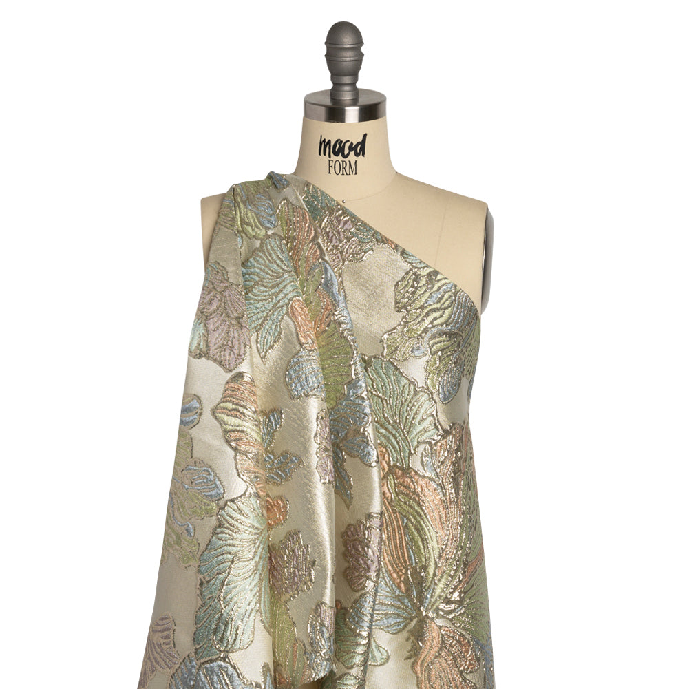 Metallic Silver, Green and Blue Liquid Leaves Luxury Brocade - Detail Metallic Silver, Green and Blue Liquid Leaves Luxury Brocade - Detail