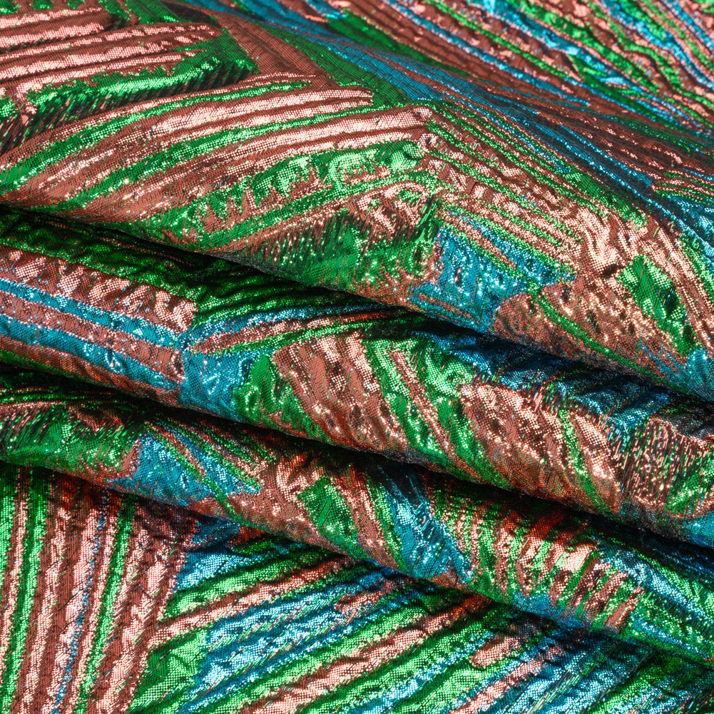 Metallic Copper, Kelly Green and Teal Radiating Lines Luxury Brocade - Full Metallic Copper, Kelly Green and Teal Radiating Lines Luxury Brocade - Full