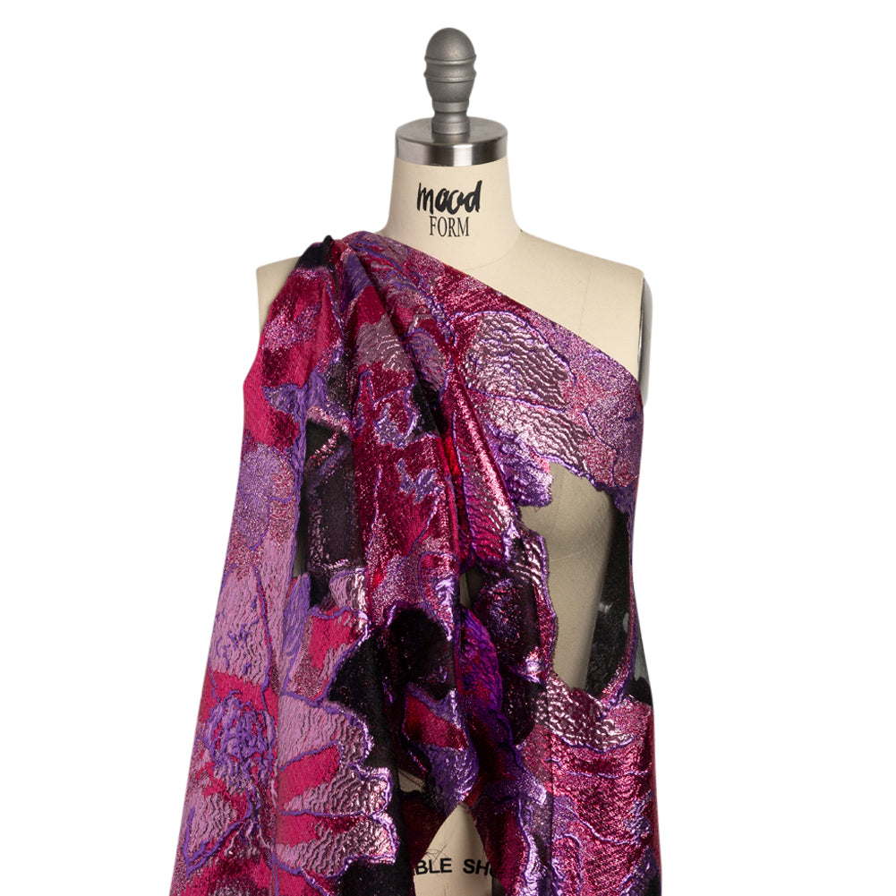 Metallic Hot Pink, Baby Pink and Purple Big Blooms and Leaves Luxury Burnout Brocade - Detail Metallic Hot Pink, Baby Pink and Purple Big Blooms and Leaves Luxury Burnout Brocade - Detail