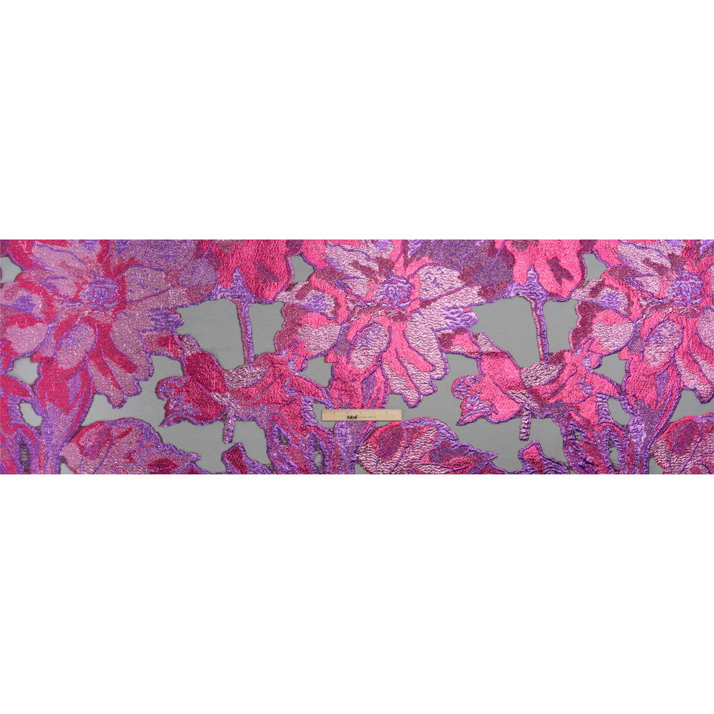 Metallic Hot Pink, Baby Pink and Purple Big Blooms and Leaves Luxury Burnout Brocade - Drape Metallic Hot Pink, Baby Pink and Purple Big Blooms and Leaves Luxury Burnout Brocade - Drape