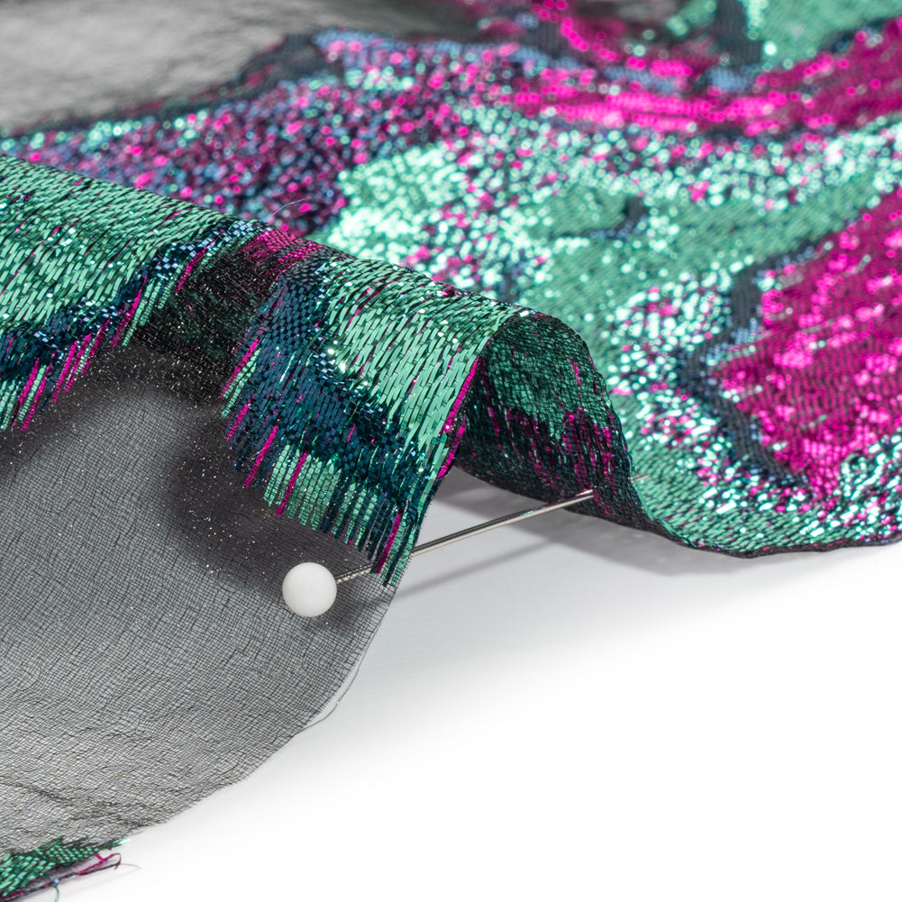 Metallic Aqua, Fuchsia and Navy Big Blooms and Leaves Luxury Burnout Brocade - Folded Metallic Aqua, Fuchsia and Navy Big Blooms and Leaves Luxury Burnout Brocade - Folded