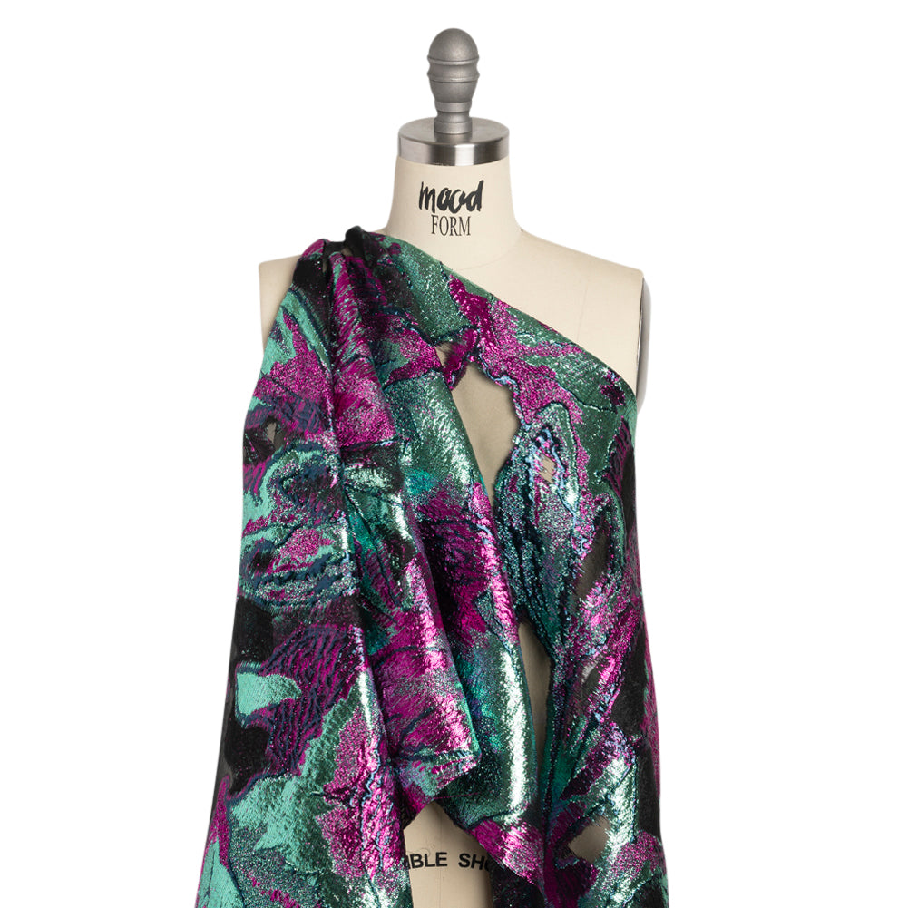 Metallic Aqua, Fuchsia and Navy Big Blooms and Leaves Luxury Burnout Brocade - Detail Metallic Aqua, Fuchsia and Navy Big Blooms and Leaves Luxury Burnout Brocade - Detail