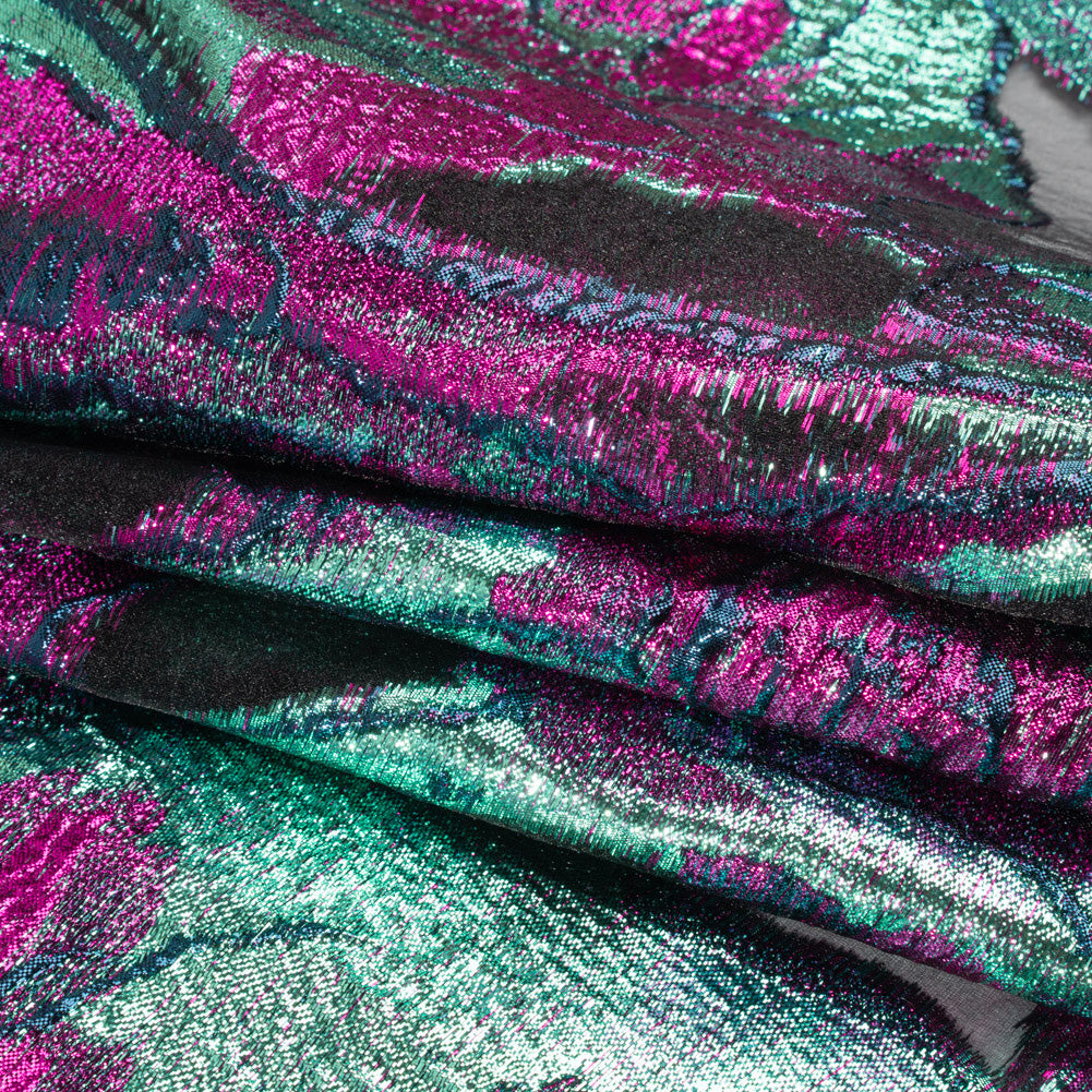 Metallic Aqua, Fuchsia and Navy Big Blooms and Leaves Luxury Burnout Brocade - Full Metallic Aqua, Fuchsia and Navy Big Blooms and Leaves Luxury Burnout Brocade - Full