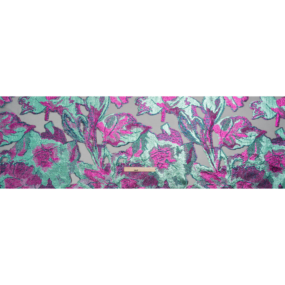 Metallic Aqua, Fuchsia and Navy Big Blooms and Leaves Luxury Burnout Brocade - Drape Metallic Aqua, Fuchsia and Navy Big Blooms and Leaves Luxury Burnout Brocade - Drape