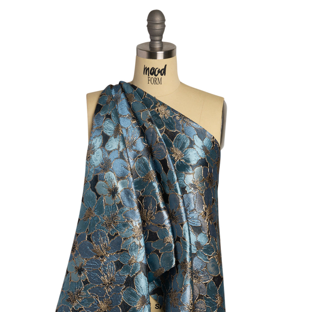 Metallic Gold, Sky and Country Blue Floral Frolic Luxury Brocade - Detail Metallic Gold, Sky and Country Blue Floral Frolic Luxury Brocade - Detail
