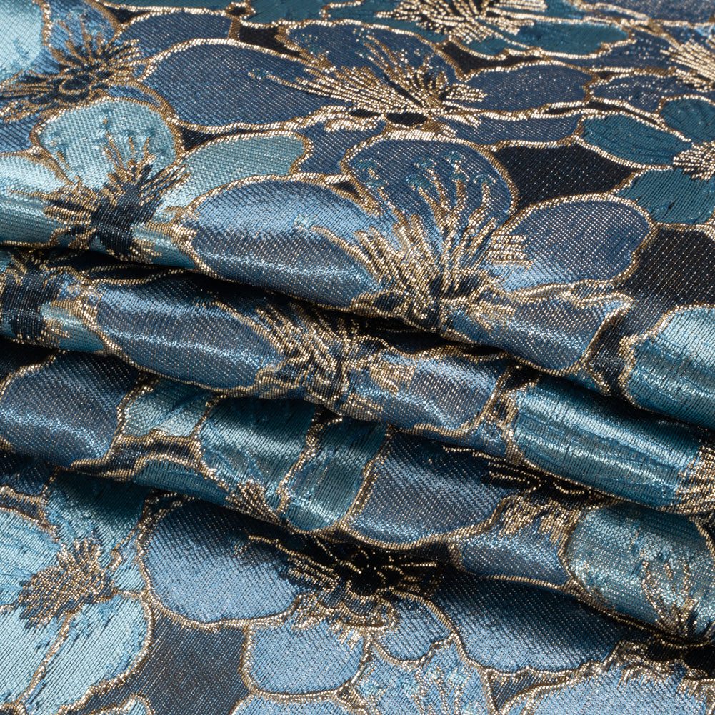 Metallic Gold, Sky and Country Blue Floral Frolic Luxury Brocade - Full Metallic Gold, Sky and Country Blue Floral Frolic Luxury Brocade - Full
