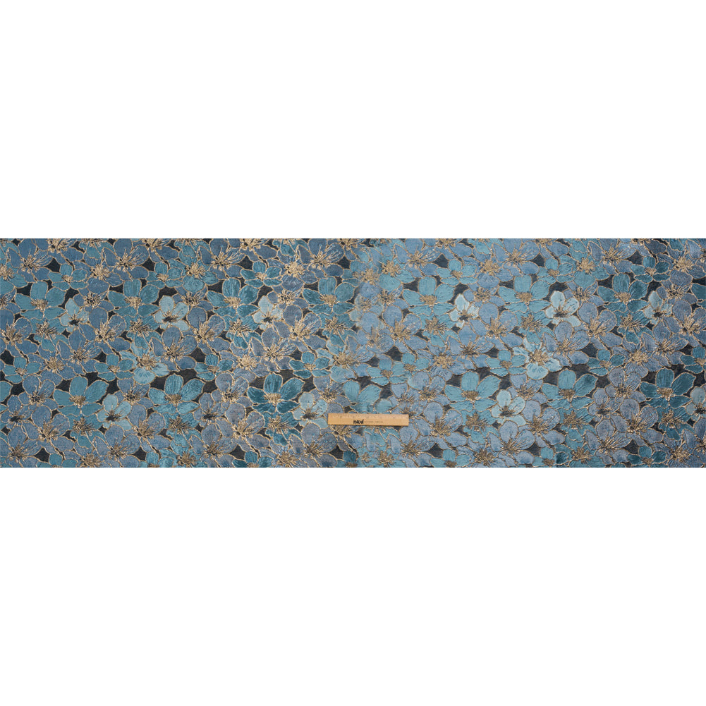 Metallic Gold, Sky and Country Blue Floral Frolic Luxury Brocade - Drape Metallic Gold, Sky and Country Blue Floral Frolic Luxury Brocade - Drape