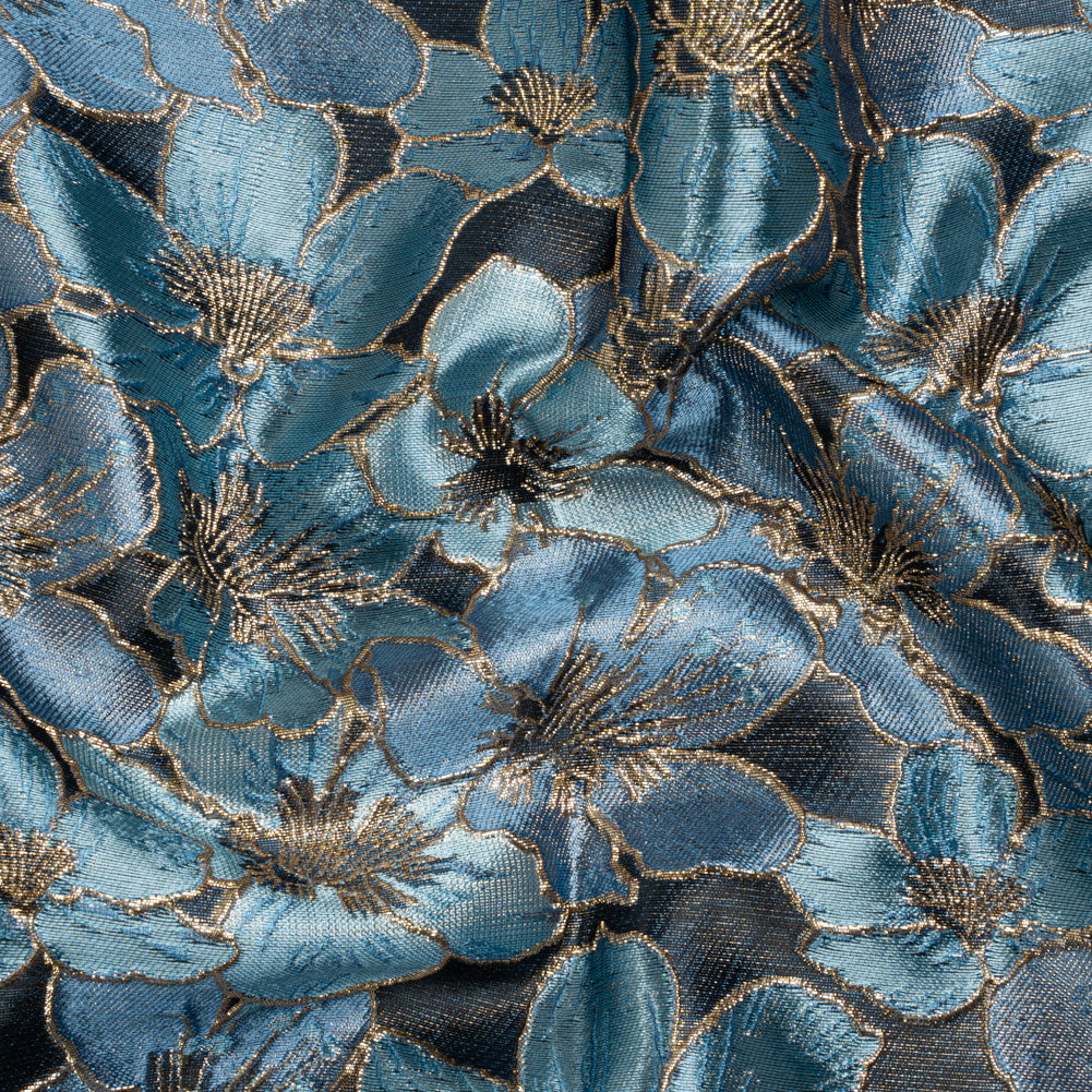 Metallic Gold, Sky and Country Blue Floral Frolic Luxury Brocade Metallic Gold, Sky and Country Blue Floral Frolic Luxury Brocade