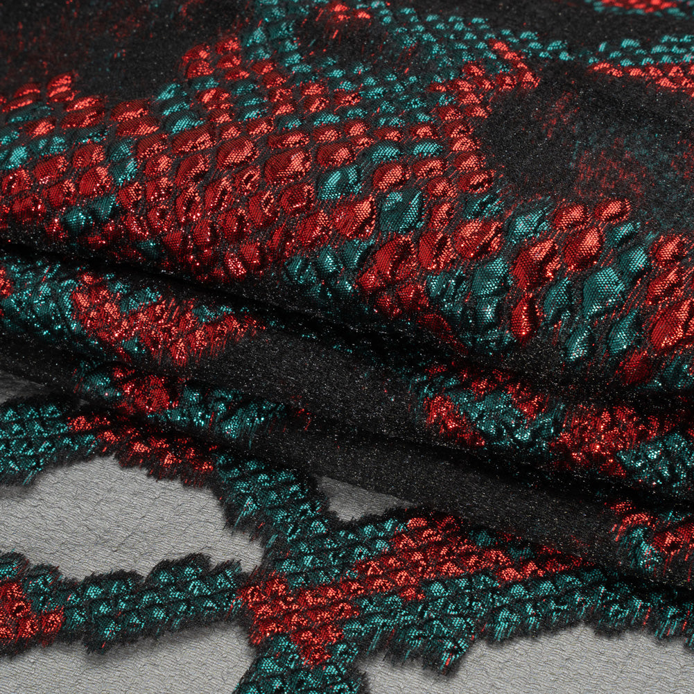 Metallic Teal, Red and Black Snakeskin Sprawl Burnout Luxury Brocade - Detail Metallic Teal, Red and Black Snakeskin Sprawl Burnout Luxury Brocade - Detail