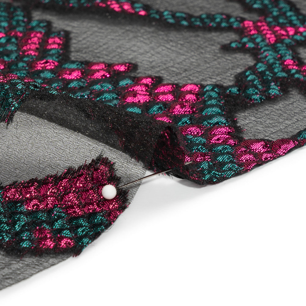 Metallic Fuchsia, Teal and Black Snakeskin Sprawl Burnout Luxury Brocade - Folded Metallic Fuchsia, Teal and Black Snakeskin Sprawl Burnout Luxury Brocade - Folded