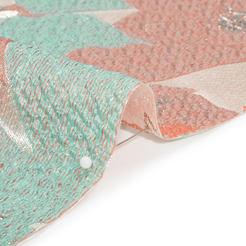Metallic Silver, Coral and Turquoise Floating Blossoms Luxury Brocade - Folded Metallic Silver, Coral and Turquoise Floating Blossoms Luxury Brocade - Folded