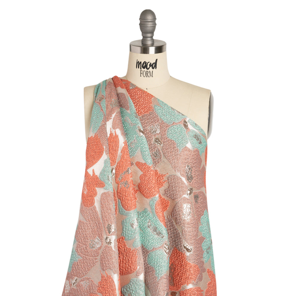 Metallic Silver, Coral and Turquoise Floating Blossoms Luxury Brocade - Detail Metallic Silver, Coral and Turquoise Floating Blossoms Luxury Brocade - Detail