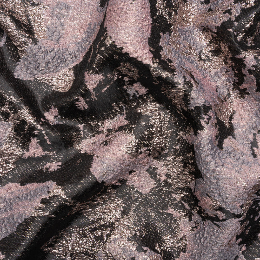 Metallic Silver, Mauve and Black Painted Flowers Luxury Brocade Metallic Silver, Mauve and Black Painted Flowers Luxury Brocade