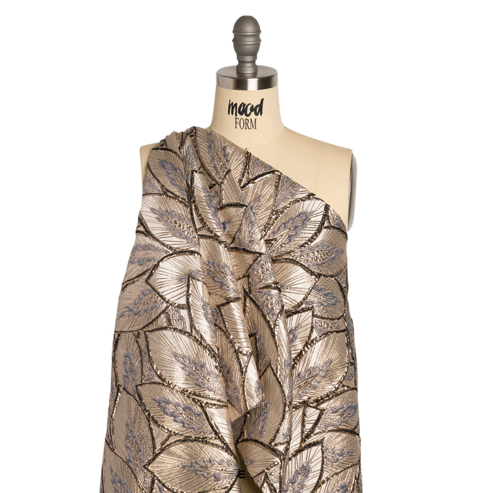 Metallic Beige, Silver and Gray Decorated Feathers Luxury Brocade - Detail Metallic Beige, Silver and Gray Decorated Feathers Luxury Brocade - Detail