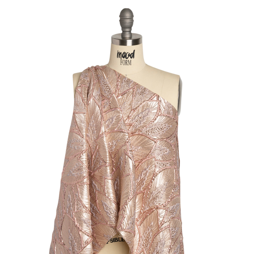 Metallic Baby Pink, Silver and Cream Decorated Feathers Luxury Brocade - Detail Metallic Baby Pink, Silver and Cream Decorated Feathers Luxury Brocade - Detail