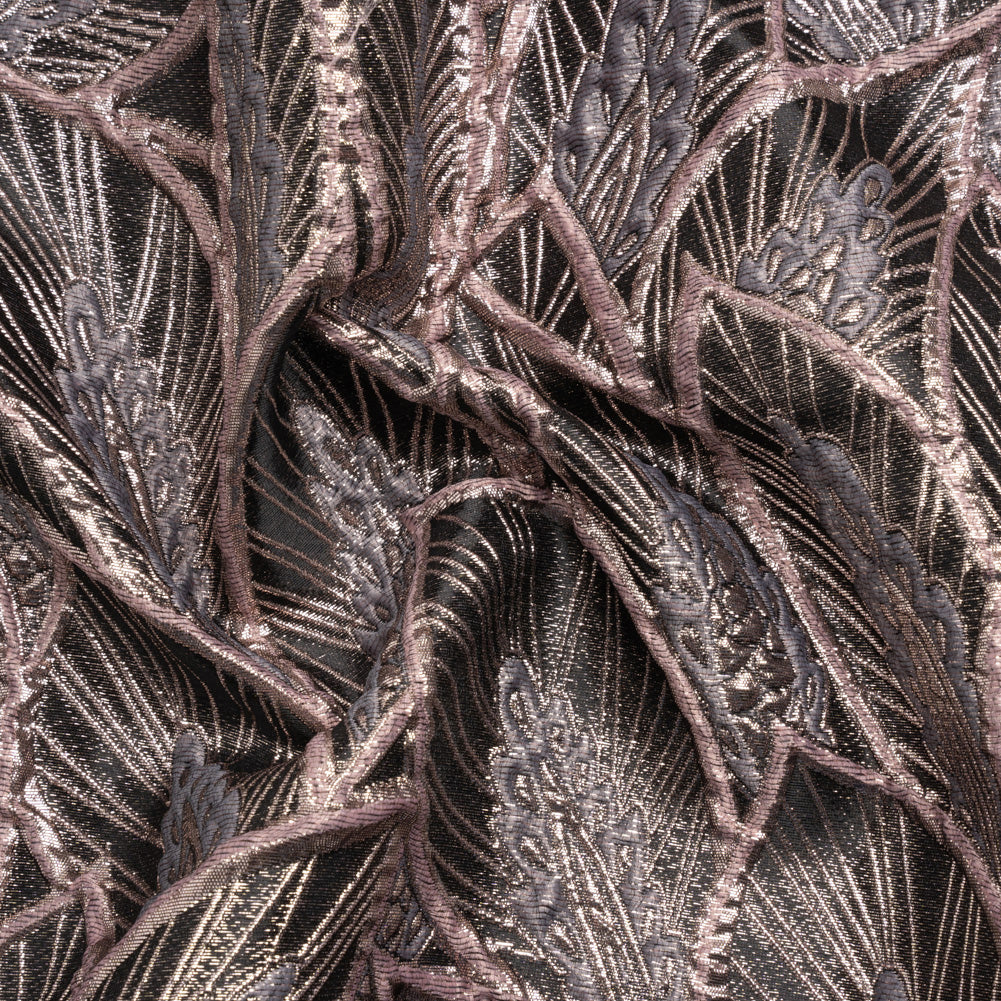 Metallic Dusty Rose, Silver and Black Decorated Feathers Luxury Brocade Metallic Dusty Rose, Silver and Black Decorated Feathers Luxury Brocade