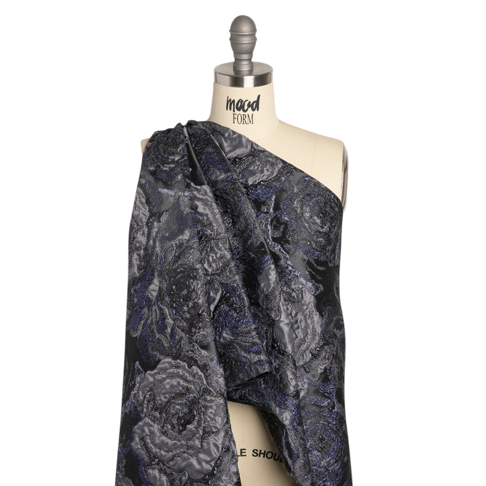 Metallic Navy, Black and Gray Rose Field Luxury Brocade - Detail Metallic Navy, Black and Gray Rose Field Luxury Brocade - Detail