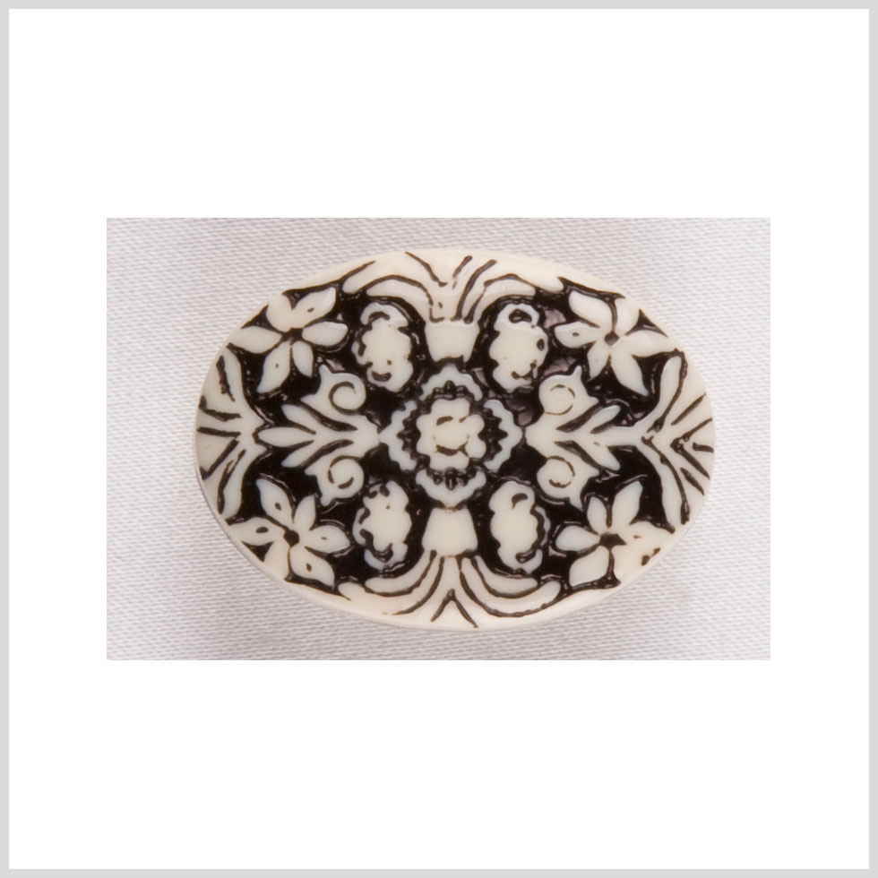 Oval-Shaped Plastic Shank Back Button - 44L/28mm - Black and White Floral Engraving Oval-Shaped Plastic Shank Back Button - 44L/28mm - Black and White Floral Engraving