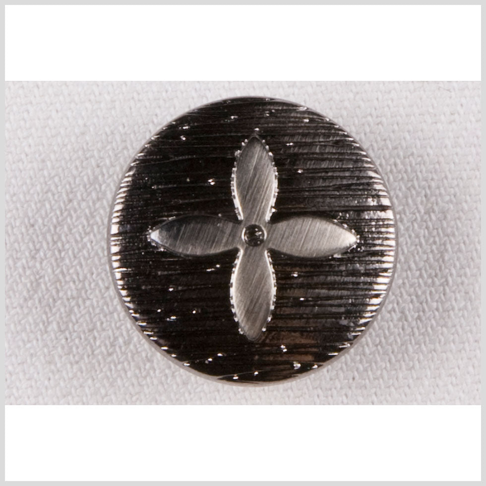 Metal Shank Back Button - 36L/23mm - Gunmetal Carved Lines and 4-Petal Flower Metal Shank Back Button - 36L/23mm - Gunmetal Carved Lines and 4-Petal Flower