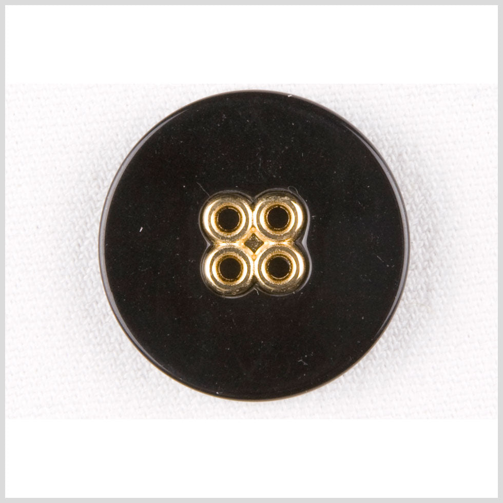 Plastic 4-Hole Button - 44L/28mm - Black with Gold Metal Holes Plastic 4-Hole Button - 44L/28mm - Black with Gold Metal Holes