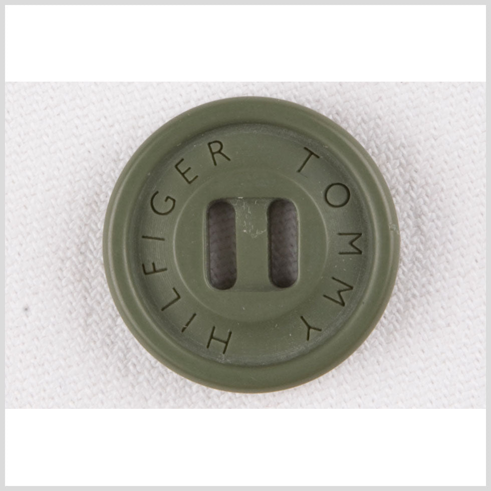 Plastic Slot 2-Hole Button by Tommy Hilfiger - 24L/15mm - Dark Sage Green Designer Logo Plastic Slot 2-Hole Button by Tommy Hilfiger - 24L/15mm - Dark Sage Green Designer Logo