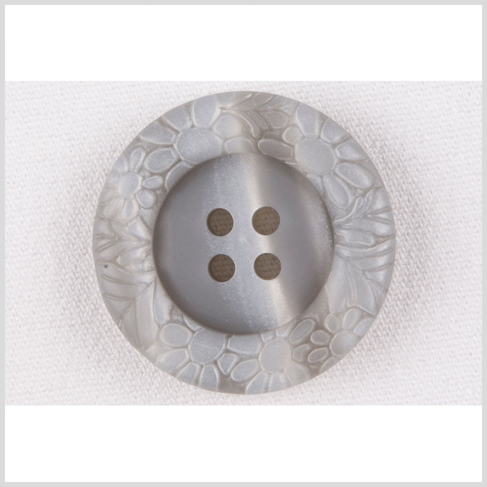Plastic 4-Hole Button - 32L/20mm - Light Gray Streaked Floral Embossed Rim Plastic 4-Hole Button - 32L/20mm - Light Gray Streaked Floral Embossed Rim