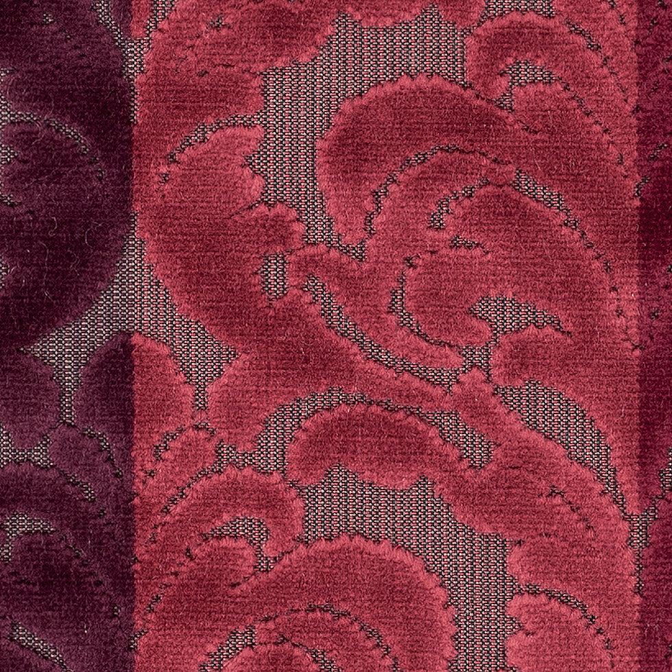 Deep Reds and Taupe Striped/Floral Cut Velvet - Detail Deep Reds and Taupe Striped/Floral Cut Velvet - Detail
