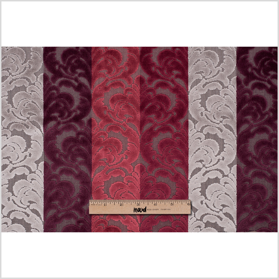 Deep Reds and Taupe Striped/Floral Cut Velvet - Full Deep Reds and Taupe Striped/Floral Cut Velvet - Full