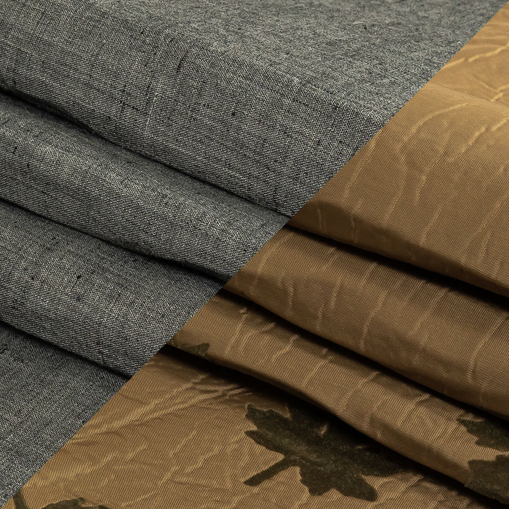 Khaki and Olive Flocked Leaves and Heathered Gray Bonded Double Faced Woven with Foam Core - Folded Khaki and Olive Flocked Leaves and Heathered Gray Bonded Double Faced Woven with Foam Core - Folded