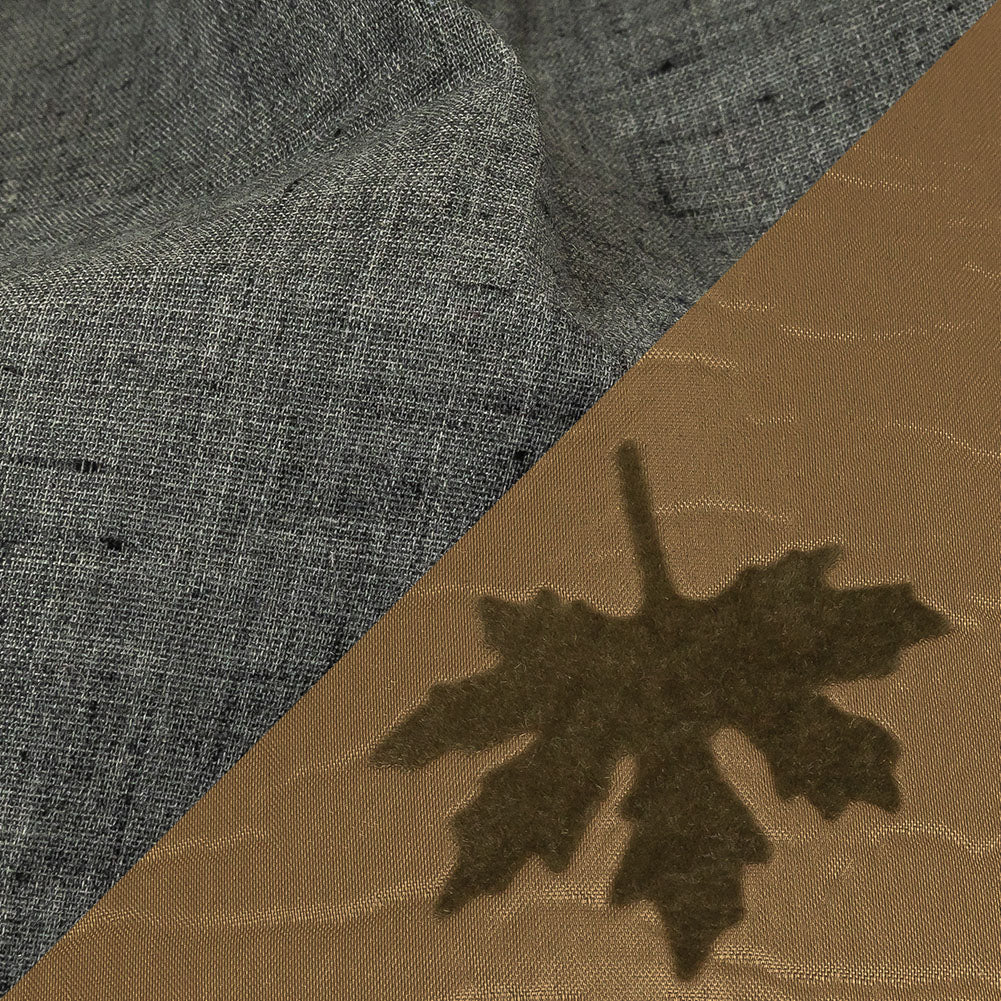 Khaki and Olive Flocked Leaves and Heathered Gray Bonded Double Faced Woven with Foam Core - Detail Khaki and Olive Flocked Leaves and Heathered Gray Bonded Double Faced Woven with Foam Core - Detail