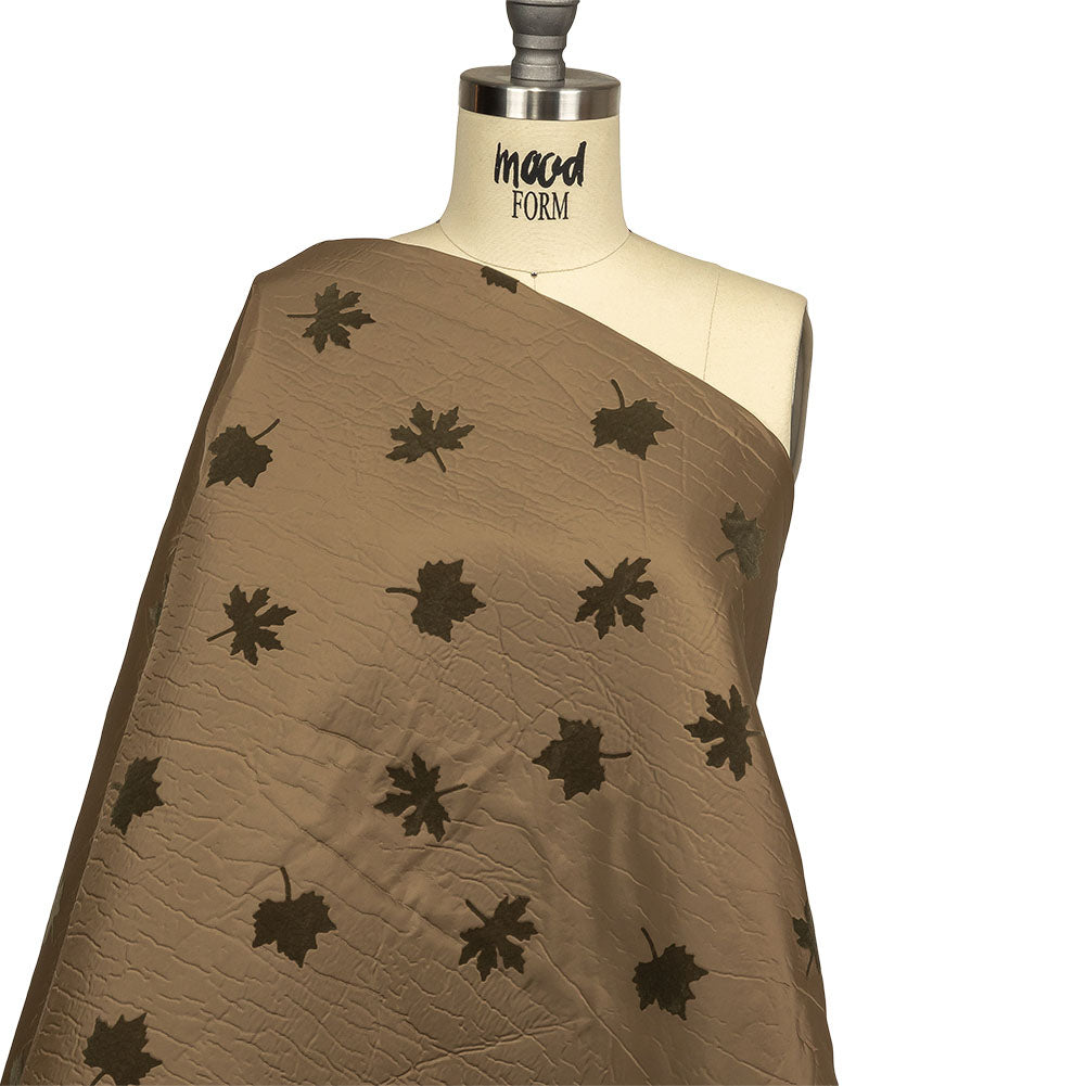 Khaki and Olive Flocked Leaves and Heathered Gray Bonded Double Faced Woven with Foam Core - Drape Khaki and Olive Flocked Leaves and Heathered Gray Bonded Double Faced Woven with Foam Core - Drape