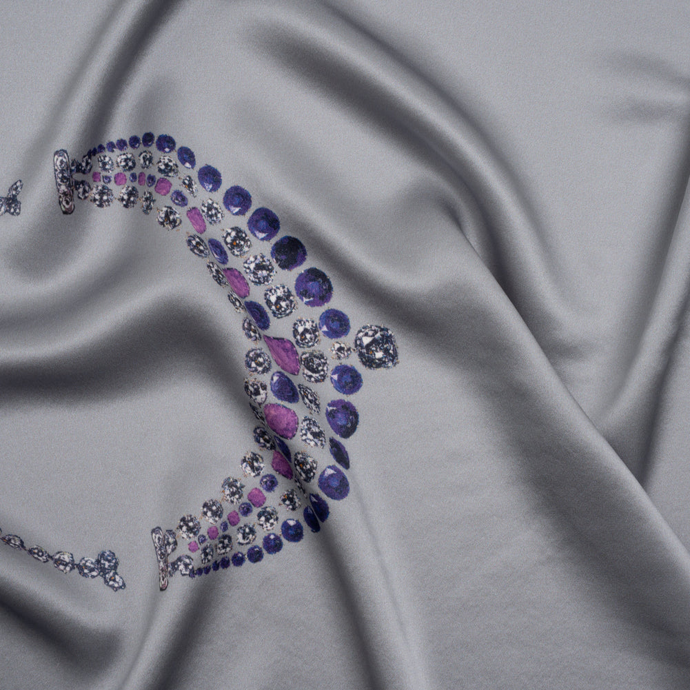 Silk Charmeuse Panel by Ralph Lauren - Silver, Pink and Purple Jeweled Necklace - Designer Deadstock Silk Charmeuse Panel by Ralph Lauren - Silver, Pink and Purple Jeweled Necklace - Designer Deadstock